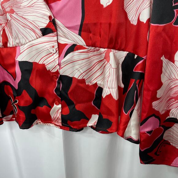 Red floral blouse women's size large pink red and cream satin work wear - Picture 3 of 14
